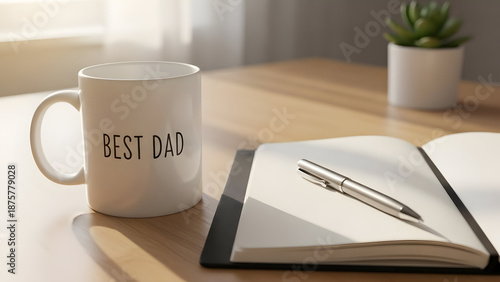 Mug with best dad inscription sits next to notebook and pen