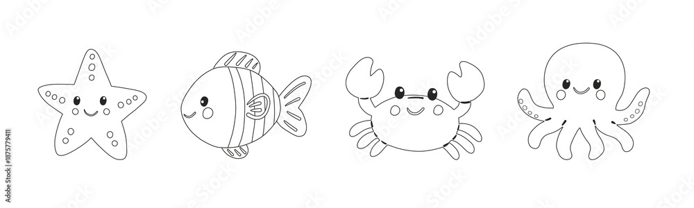 Obraz premium Cute Sea Animals Line Art Set, Marine Life Coloring Page Vector for Kids