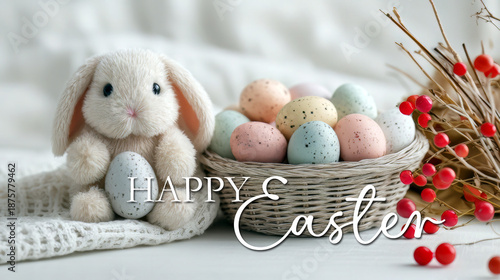 Wallpaper Mural Happy Easter Greeting Card with Plush Bunny and Pastel Eggs Torontodigital.ca