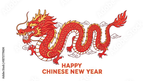 Vibrant red dragon illustration with golden accents celebrating happy chinese new year on white background with festive atmosphere and cultural