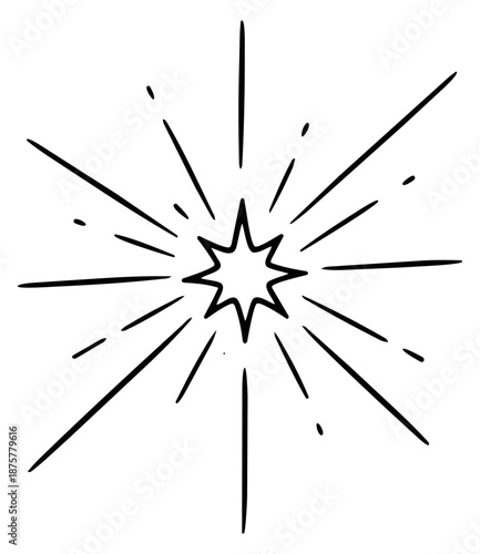 Hand drawn line art illustration of a starburst depicting radiating energy for graphic design projects