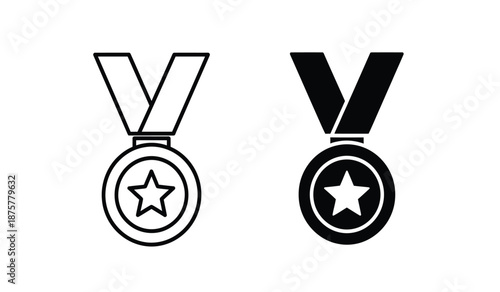 Black and white star shaped medal icons with ribbons in line art style