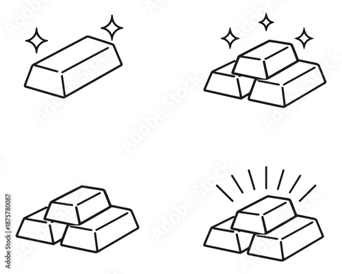 Hand drawn line art gold ingot illustrations set featuring single and stacked bars for wealth and finance concepts