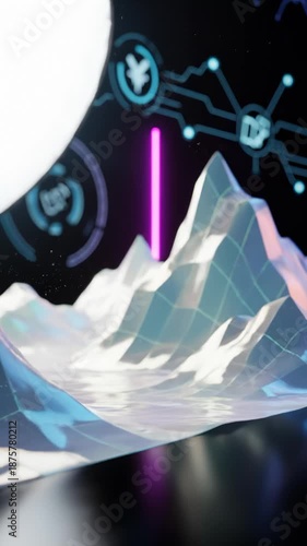 Abstract 3d Landscape With Glowing Neon Elements and Hud Interface