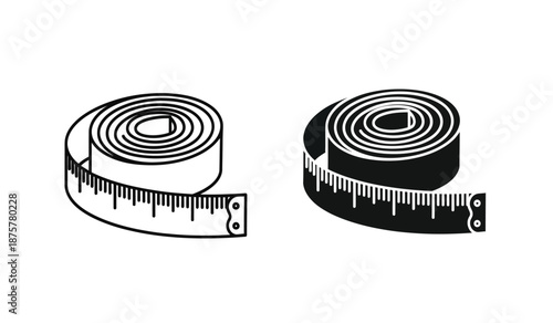 Two flexible measuring tapes in black and white on a pure for measurement and design purposes