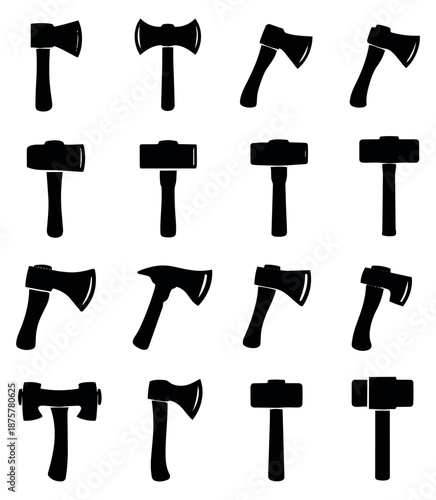 Silhouette tools set featuring various types of axes and hammers for building and manual labor