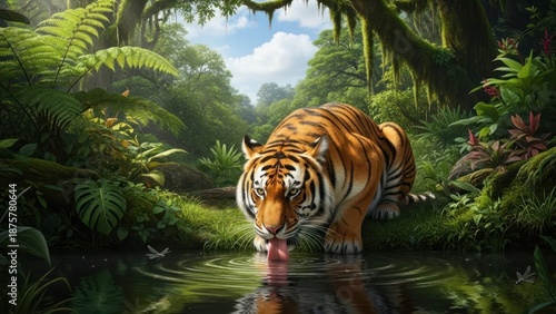 Tiger drinking water in a lush tropical jungle