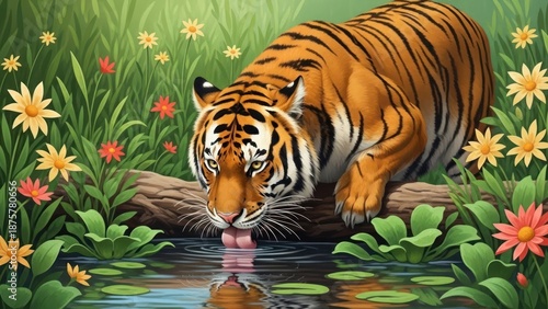 Tiger drinking water illustration surrounded by flowers