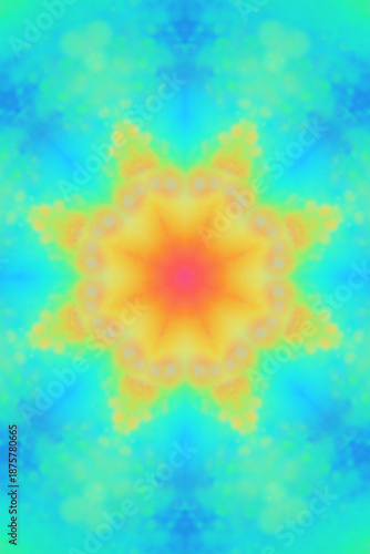 The center of the composition features a radiant star-like shape with a gradient from pink to yellow. Surrounding it are fractal extensions in green and blue tones, creating a kaleidoscopic effect. 