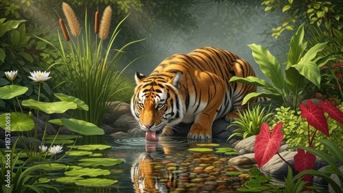 Tiger drinking water at the edge of a pond in lush greenery