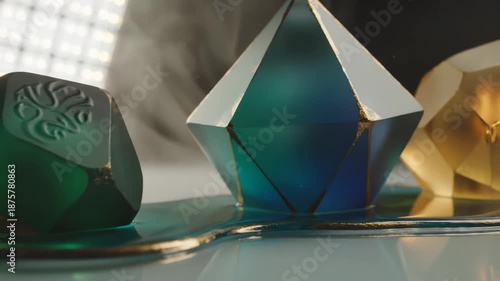 Green, Blue, Gold Gemstones Close Up With Liquid Surface, 3d Rendered