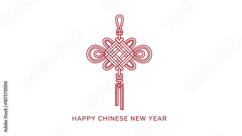 Chinese new year greeting with traditional knot design and tassel decoration on white background
