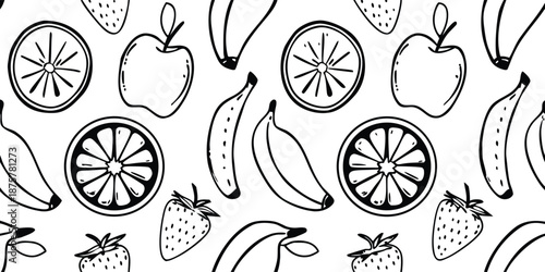 Hand drawn fruit doodle seamless pattern in black and white. Minimal line art apples bananas citrus strawberries. Cute organic food background for packaging wallpaper textile.