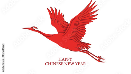 Red crane in flight symbolizing good fortune with happy chinese new year text elegant design red and white color scheme festive atmosphere