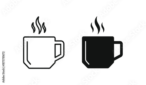 Black and white steaming coffee cup icons in line art style for design and decoration purposes