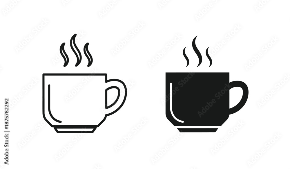 Obraz premium Black and white steaming coffee cup icons in line and solid styles for design use on various backgrounds