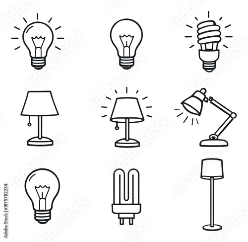 Line art lighting elements set featuring glowing bulbs and modern lamps for energy and innovation