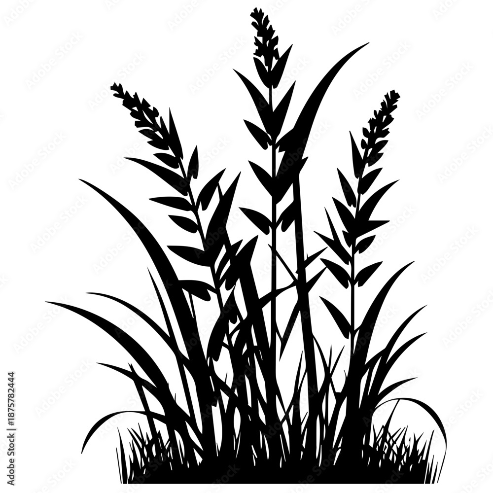 Obraz premium Vector illustration of a green bamboo branch and wheat grass silhouette featuring a floral nature pattern with spring leaves and rosemary herb design for agriculture and growth art