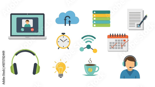 A clean and modern icon set representing renewable energy, sustainability, and eco-friendly technology concepts. This collection includes solar panels, wind turbines, green energy symbols, recycling, 