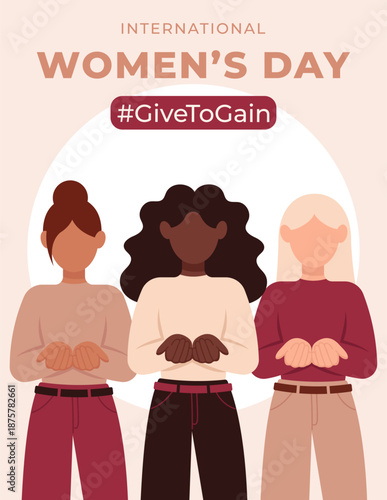 International Women’s Day vector poster with diverse women in flat style. Give To Gain 2026 campaign