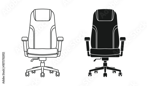 Office chair with armrests and wheels in line art and silhouette style