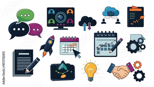 A comprehensive icon set illustrating project management, workflow organization, and productivity tools used in modern business environments. This collection includes symbols such as calendars, task b