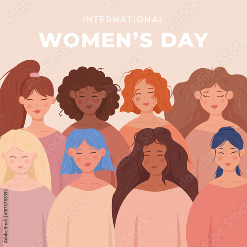International Women’s Day card with diverse women portraits in flat style. 8 March. Vector illustration for banner, web, poster, cover