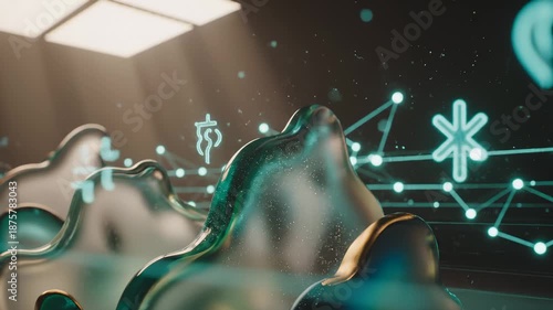 Abstract Fluid Metallic Shapes Shimmering With Floating Geometric Symbols