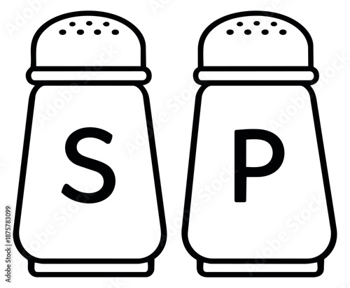 Hand drawn line art salt and pepper shakers set featuring letters S and P for food seasoning