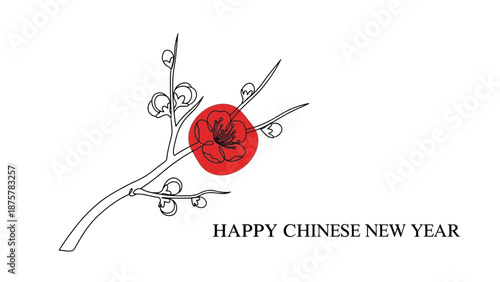 Chinese new year greeting card with plum blossom branch and red envelope on white background