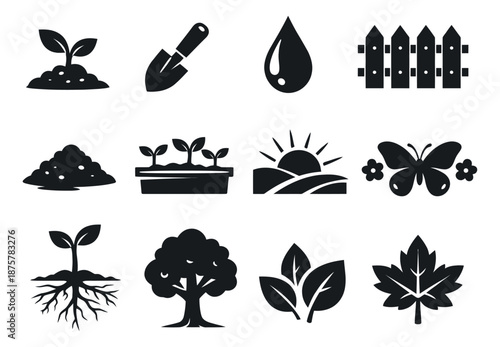 Modern glyph gardening and nature set featuring sprouts, tools, trees, and leaves for ecology and growth concepts