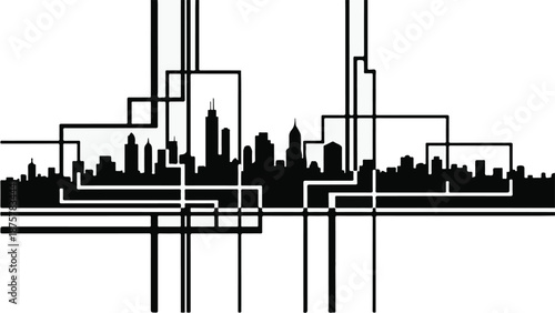 Geometric cityscape with modern skyscrapers and abstract urban landscape in black and white