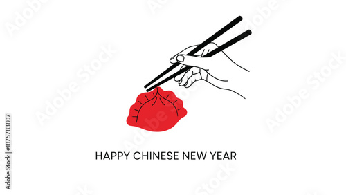 Hand holding chopsticks picking up red dumpling happy chinese new year celebration
