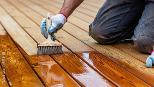 Wooden deck coated with clear varnish, hand applying glossy stain on timber planks, protective sealant for porch maintenance, renovation highlighting wood grain texture, wet gloss sheen