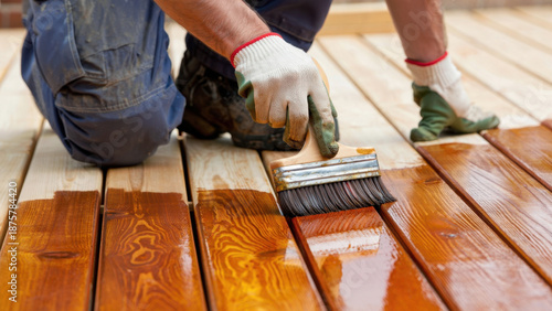 Wood deck staining with brush application, protective gloves during varnish process, outdoor maintenance for weather resistance, enhancing wood finish, deck preservation, hands-on craftsmanship