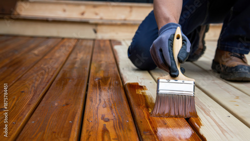 Wood deck staining process with a brush, home improvement, protective coating, wooden surface maintenance, outdoor decking renovation, applying varnish, house exterior carpentry work