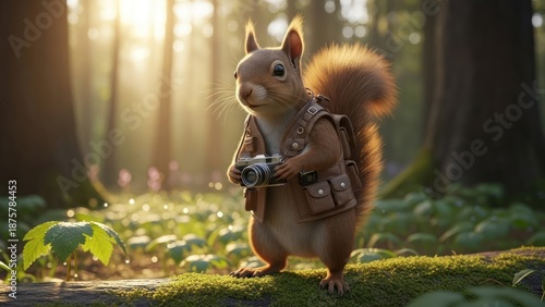 Squirrel standing in forest holding camera with sunlight