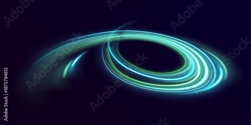 Futuristic green neon streaks ripple along city roads. Motion trails, glowing energy waves, and line swirls highlight speed and dynamic traffic movement. Vector illustration.