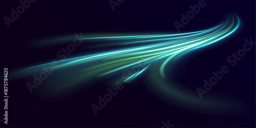 Neon green laser speed lines twist along a city highway. Glowing trail waves, energy swirls, and motion lines create futuristic traffic flow and dynamic visuals. Vector illustration PNG.