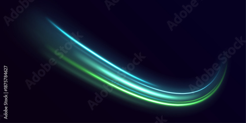 Glowing green neon laser lines curve along a city highway. Light trail waves, energy swirls, and motion lines illustrate futuristic traffic and dynamic flow. Vector illustration.