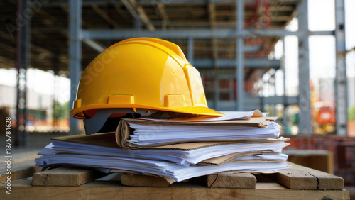 Yellow hard hat on stacked construction files on pallets, safety helmet with plans, permits, site paperwork for project inspection, compliance records, site management, onsite operations