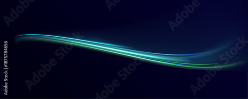 Neon green laser speed lines twist along a city highway. Glowing trail waves, energy swirls, and motion lines create futuristic traffic flow and dynamic visuals. Vector illustration PNG.