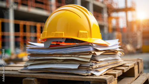 Yellow hard hat stack construction documents, safety compliance, engineering paperwork, building regulations, site management, contractor audits, permit approvals, occupational safety, risk control