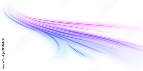 Futuristic neon blue and purple laser streaks flow across city streets. Glowing motion trails, wave energy swirls, and line patterns illustrate speed and traffic flow. Vector illustration PNG.