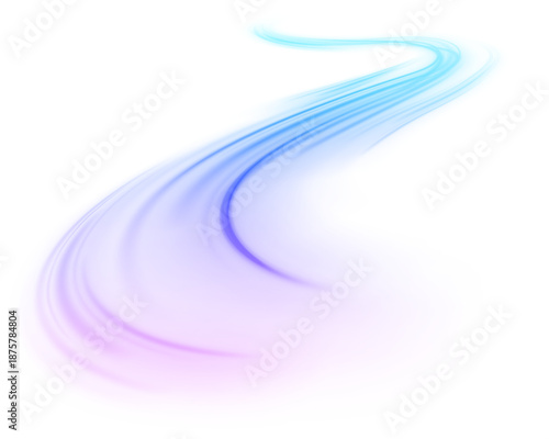 Futuristic neon blue and purple laser streaks flow across city streets. Glowing motion trails, wave energy swirls, and line patterns illustrate speed and traffic flow. Vector illustration PNG.