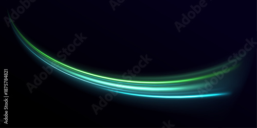 Futuristic green and blue neon laser lines ripple along city highways. Motion lines, energy swirls, and light trail waves create dynamic speed and traffic visuals. Vector illustration.