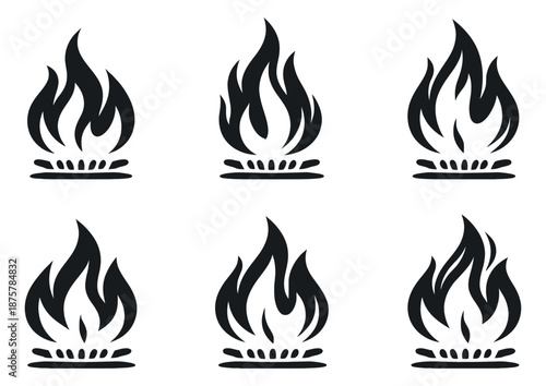 Graphic gas flame icon set featuring various burner flames for energy and heating concepts