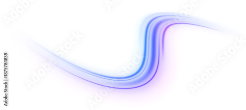Futuristic neon blue and purple laser streaks flow across city streets. Glowing motion trails, wave energy swirls, and line patterns illustrate speed and traffic flow. Vector illustration PNG.