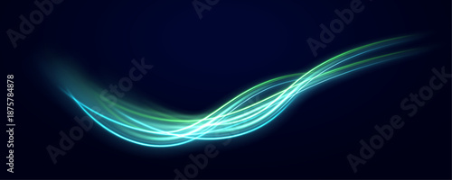 Futuristic green and blue neon laser lines ripple along city highways. Motion lines, energy swirls, and light trail waves create dynamic speed and traffic visuals. Vector illustration.