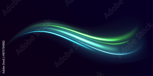 Glowing green and blue neon laser streaks twist along a city road. Wave motion trails, energy swirls, and dynamic lines show high-speed traffic and futuristic flow. Vector illustration.